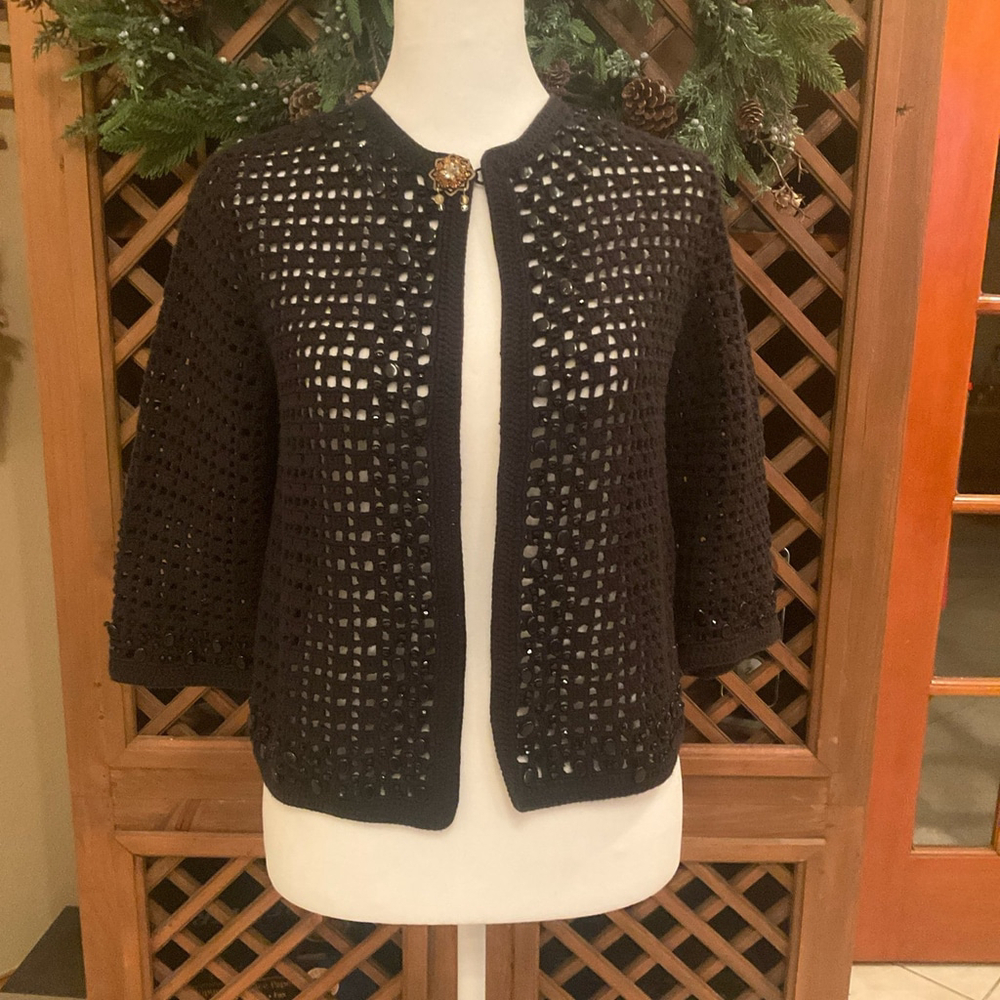 Cynthia Steffe Black Crochet Open Knit Beaded Cardigan Fairy Grunge Women's XS